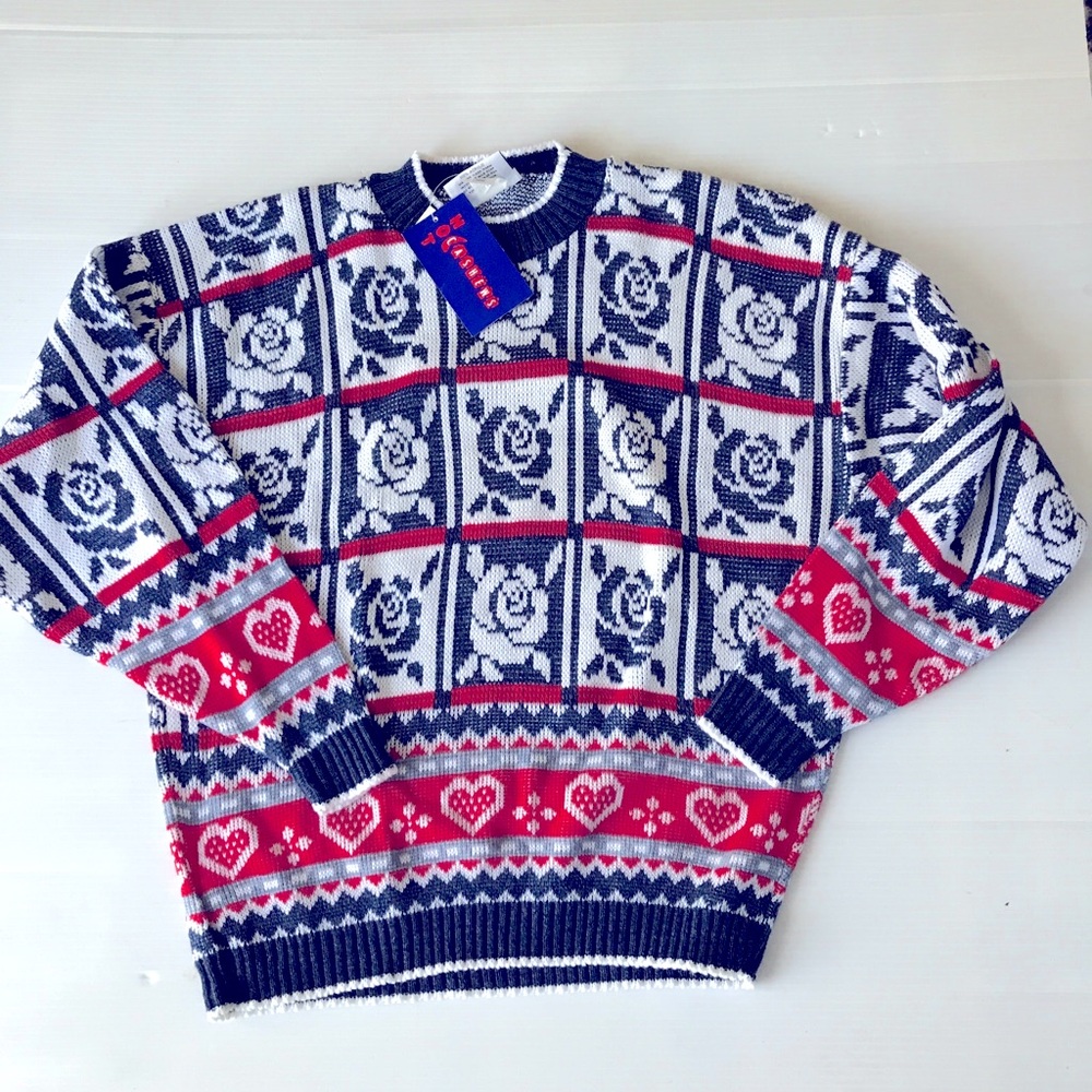 Hot Cashew Vintage Sweater 90's Roses Valentines Print USA Retro Vintage Large